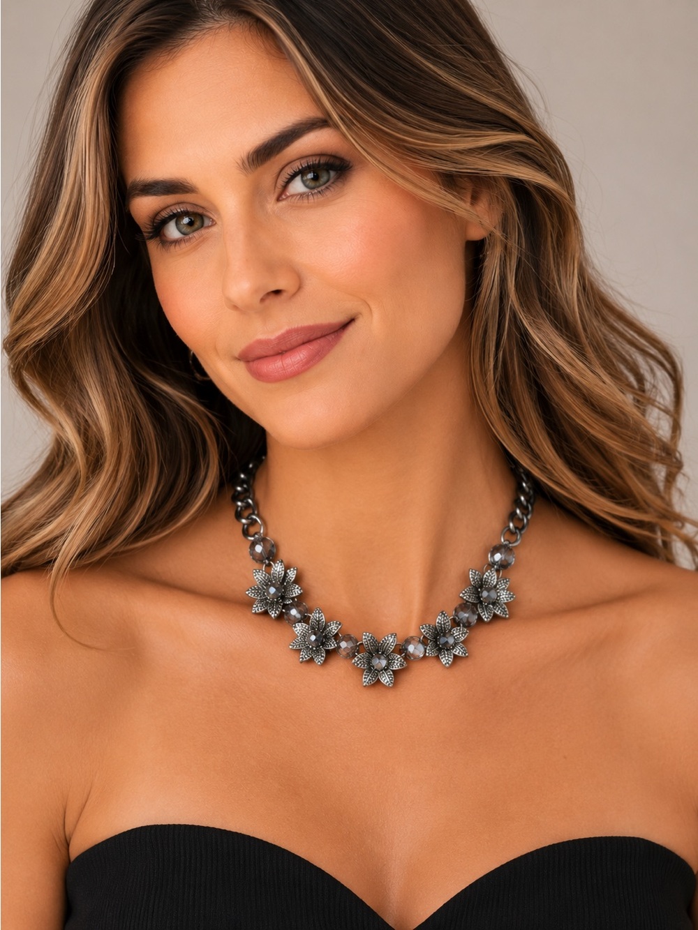 Statement Necklace Silver Flowers With Hematite Colored Rhinestones Adjustable